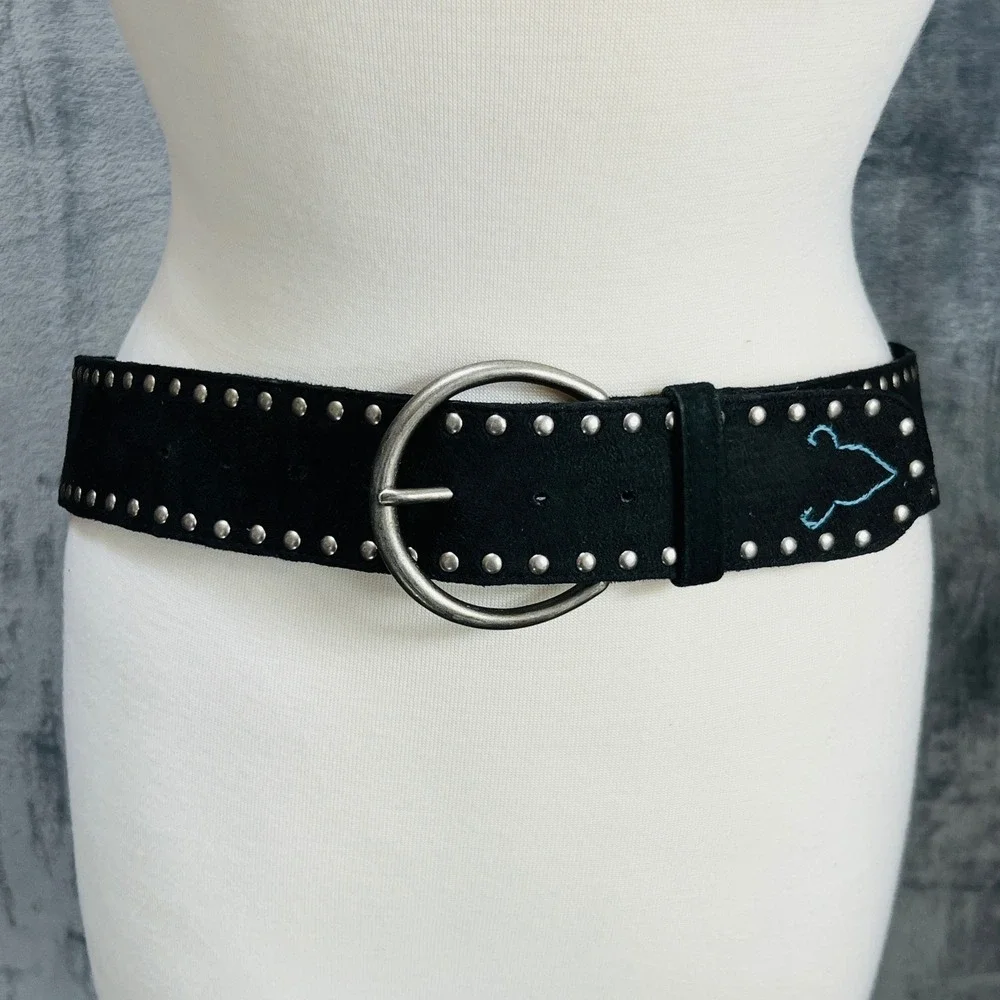 Faux Suede Embroidered Studded‎ Embroidered Wide Waist Belt Sz L Boho Festival